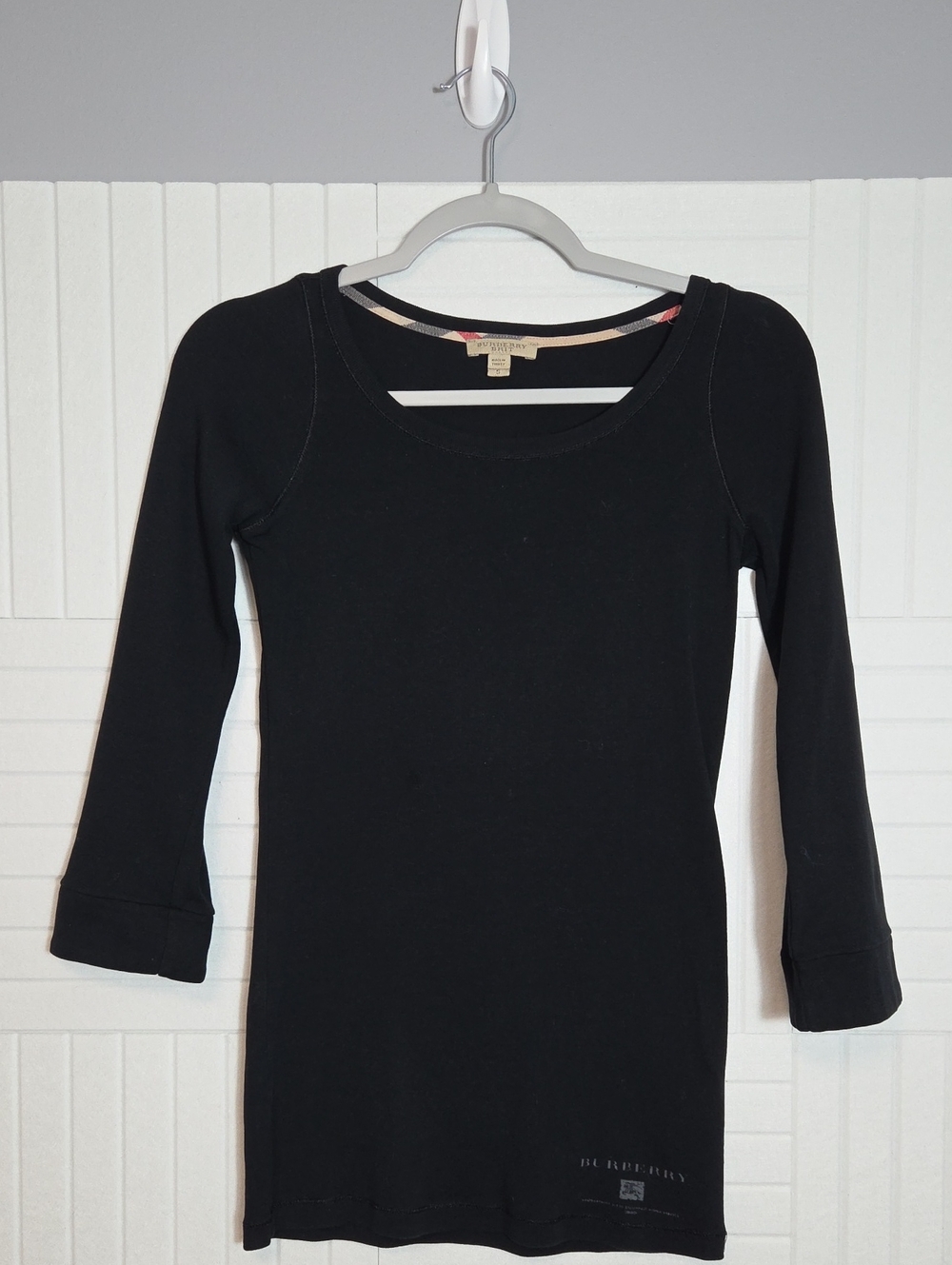 Burberry Brit 100% Cotton Basic Black 3/4 Sleeve Tee With Signature Cuffs Size S